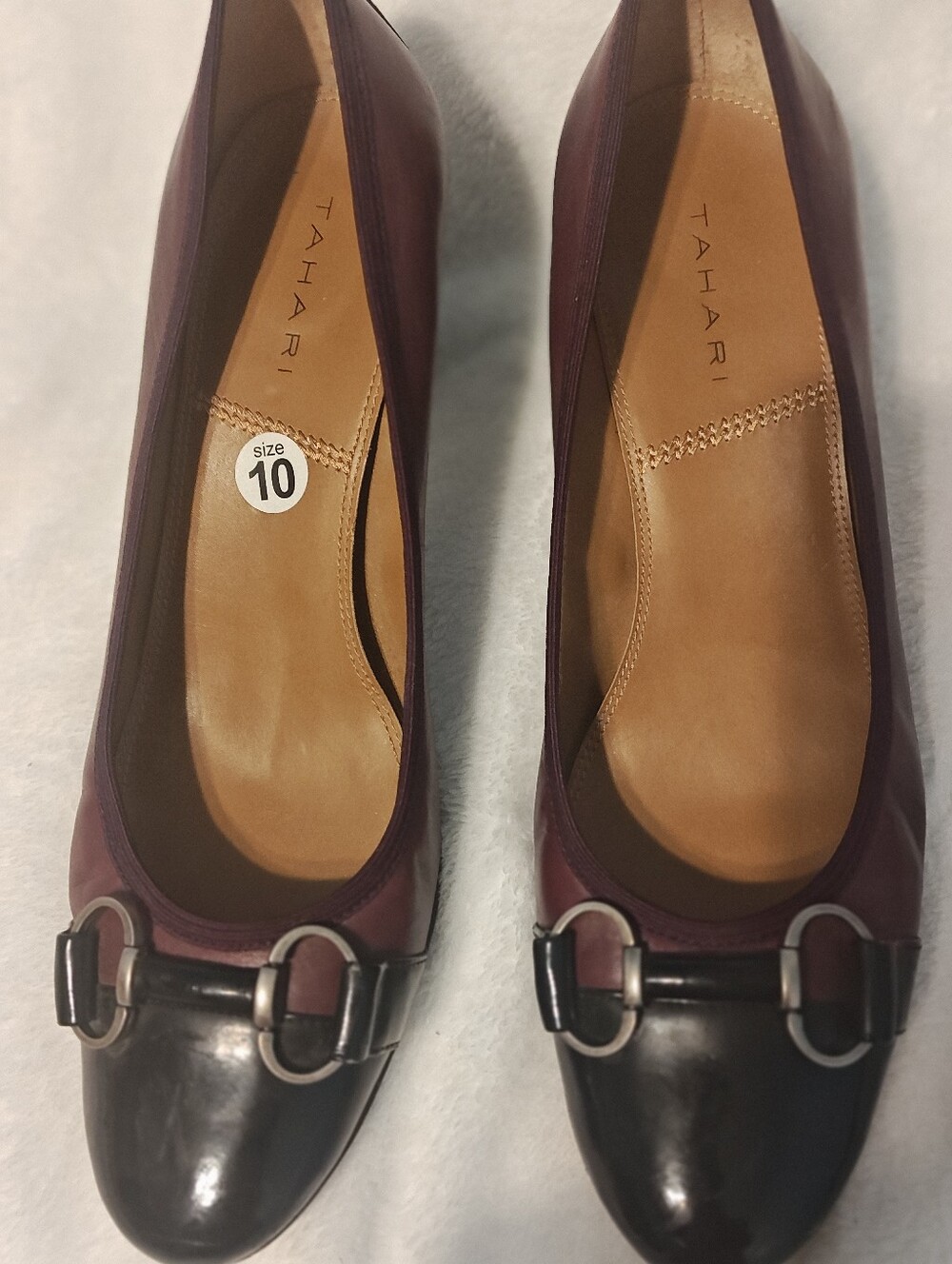 Tahari Burgundy and Black Buckle Cap Toe 2" Heels.
